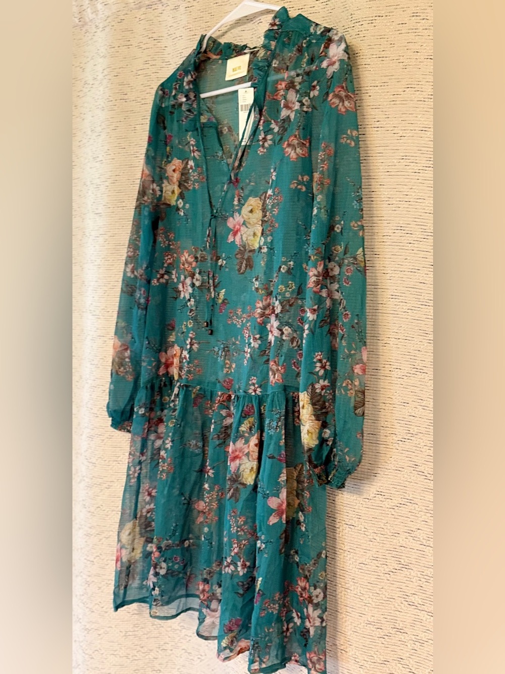 NWT Anthropologie Maive Teal Floral Ruffle-Trim Sheer Long-Sleeve Dress. Size XS - Picture 11 of 16